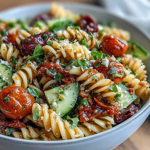 Colorful picnic pasta salad with Italian dressing, featuring rotini, fresh vegetables, and mozzarella pearls in a vibrant bowl.