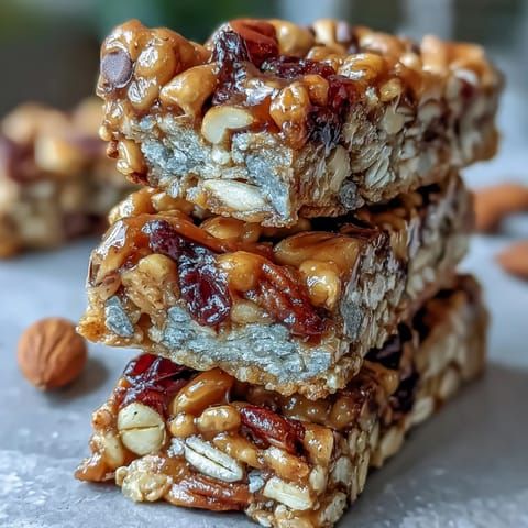 Soft, chewy no-bake granola bars loaded with oats, mixed nuts, and cranberries—ideal for hiking, picnics, or quick energy boosts.