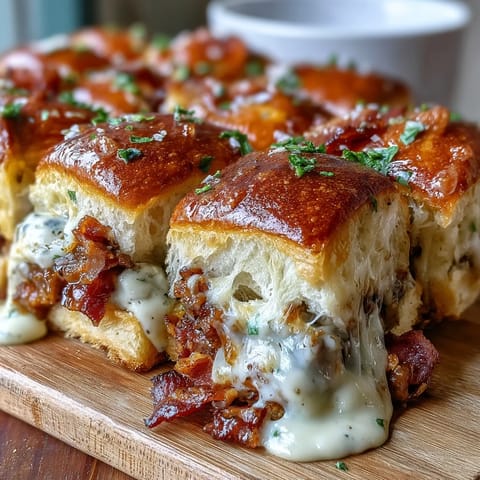 Miniature Kentucky Hot Brown sliders on brioche buns with turkey, bacon, and creamy Mornay sauce.