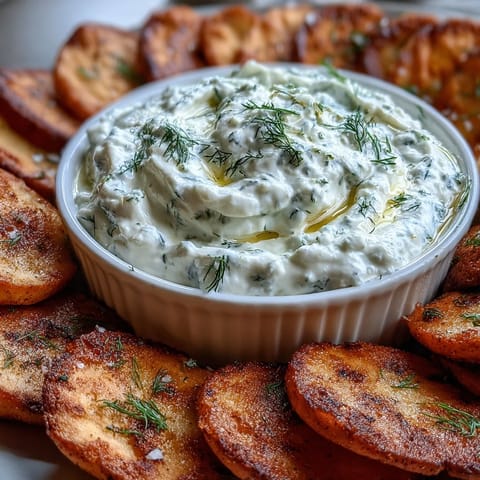 Crispy golden pita chips arranged beside a bowl of creamy tzatziki, garnished with fresh dill for a Mediterranean snack.  