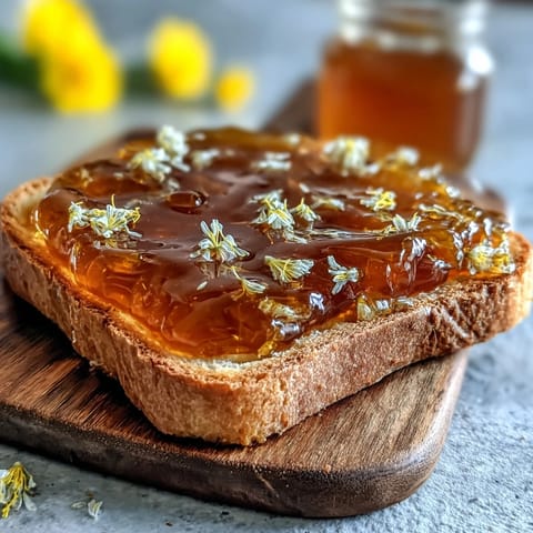 A golden jar of dandelion jelly, its delicate floral aroma and honey-like sweetness captured in a spreadable preserve.
