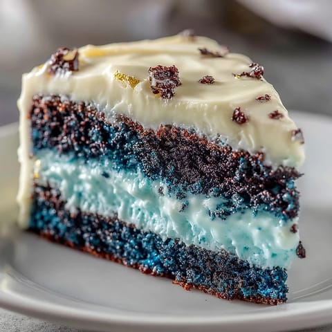 Rich, moist ombre cake layers in deep blue shades, frosted with vanilla buttercream and elegant gold leaf for a festive touch.