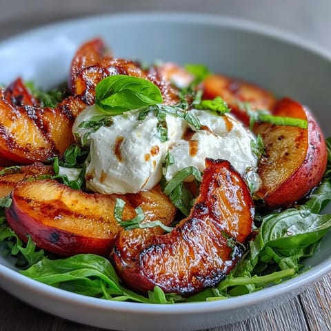 A vibrant summer salad with grilled peaches, creamy burrata, and honey drizzle, perfect for a light lunch or appetizer.