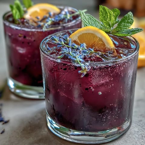 Vibrant purple lavender lemonade refresher with fresh lemon slices and lavender sprigs in a glass pitcher.