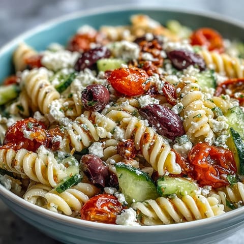 Vibrant Summer Pasta Salad Greek Style with olives, feta, and fresh vegetables in a tangy Mediterranean dressing.