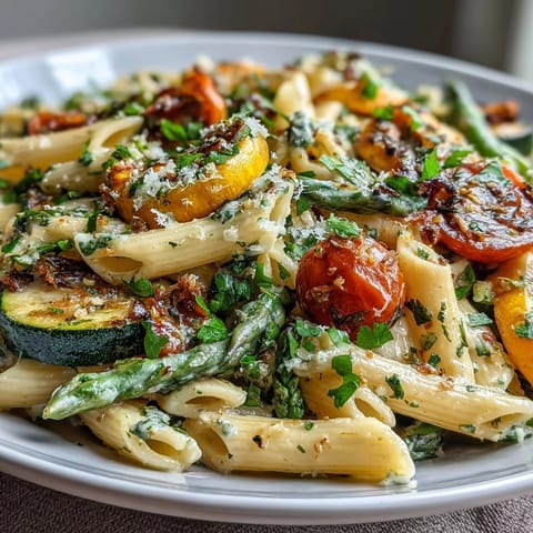 Colorful Spring Pasta Primavera with fresh vegetables, herbs, and a bright lemon sauce, served in a rustic bowl.  