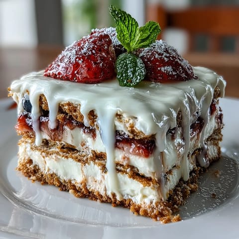 Festive Memorial Day No-Bake Icebox Cake with ruby strawberries peaking through.