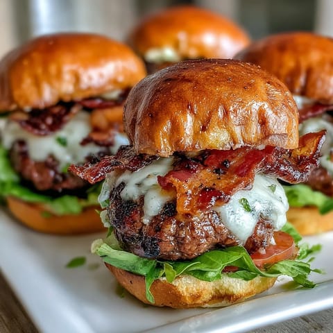 Juicy, cheesy Father's Day grilled bacon burger sliders ready to enjoy.