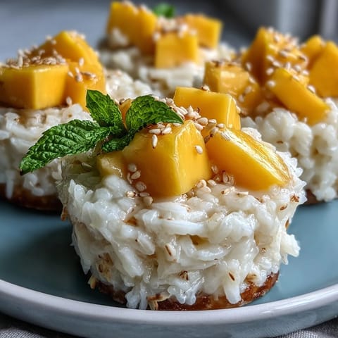 Juicy mangoes crown these creamy coconut mango sticky rice cups, ready to enjoy.