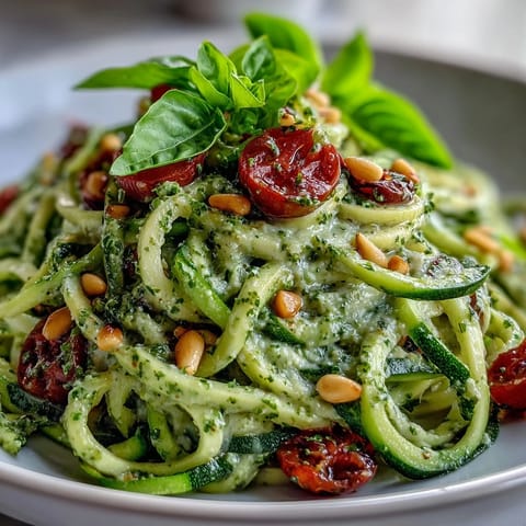 A close-up of fresh zucchini noodles tossed with bright, herbed avocado pesto.