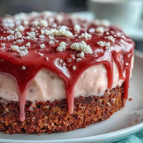 Stunning rosé velvet cake with decadent cream cheese frosting and shimmering gold accents.