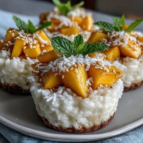 Golden coconut mango sticky rice cups, a sweet Thai dessert perfect for sharing.