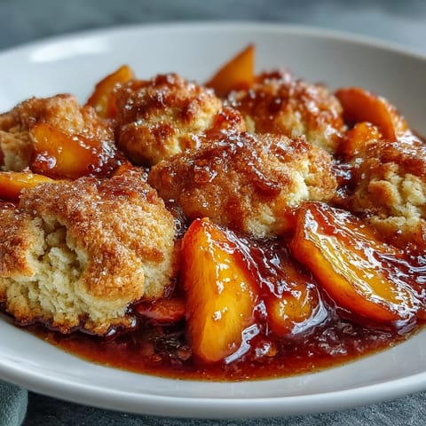 Golden Peach Cobbler with Biscuit Topping, bubbling hot from the oven.