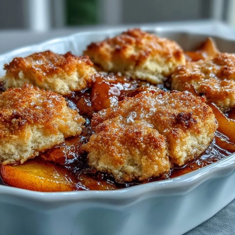 Juicy peach cobbler with fluffy, golden biscuit topping, ready to serve.