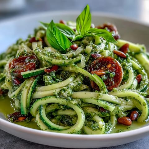 Vibrant zucchini noodles coated in creamy avocado pesto, a healthy and delicious dinner.