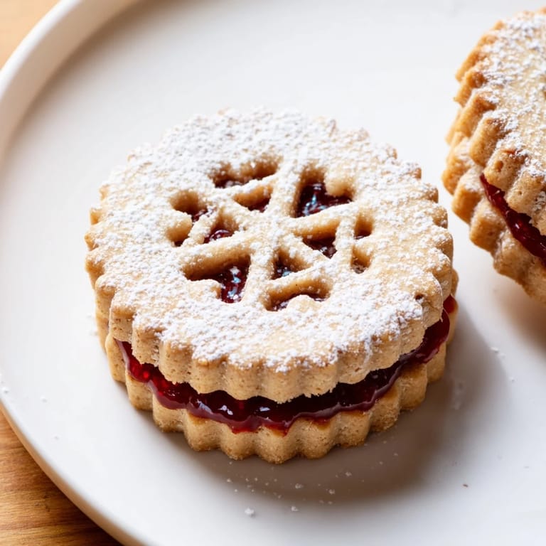 A close-up of Linzer Cookies: buttery shortbread cookies with a cutout showing sweet raspberry filling.