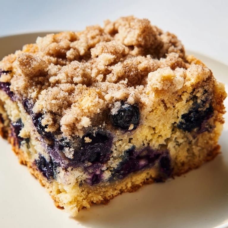 Freshly baked blueberry buckle, showcasing juicy blueberries and crisp, sweet streusel.