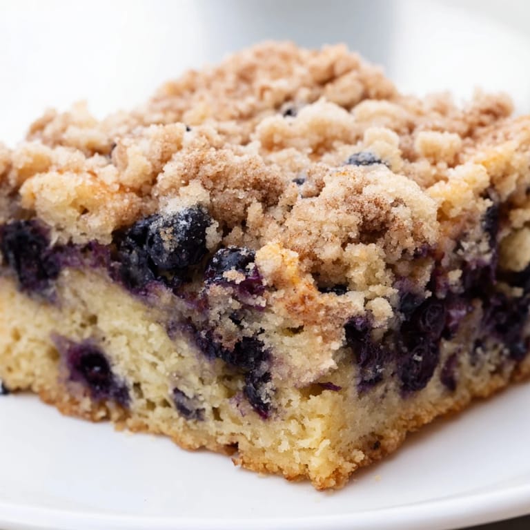 Close-up of a rustic, homemade blueberry buckle ready for serving at breakfast time.