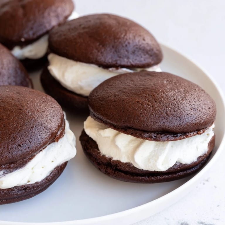 A plate of homemade Whoopie Pies reveals rich chocolate cakes filled with a fluffy creamy center.
