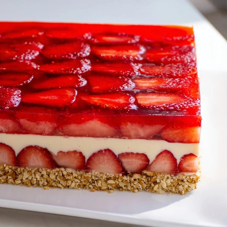 This close-up photo shows a perfect slice of Strawberry Pretzel Salad, with fresh strawberries visible.