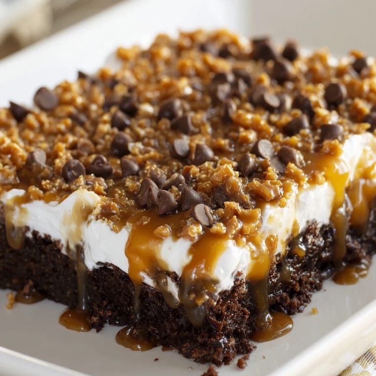 A close-up of a Better Than Sex Cake showing a rich, chocolatey, and caramel-drizzled treat.