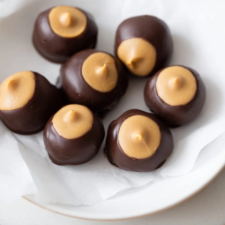 Perfectly formed buckeyes, a classic no-bake dessert, featuring sweet peanut butter centers and dark chocolate.