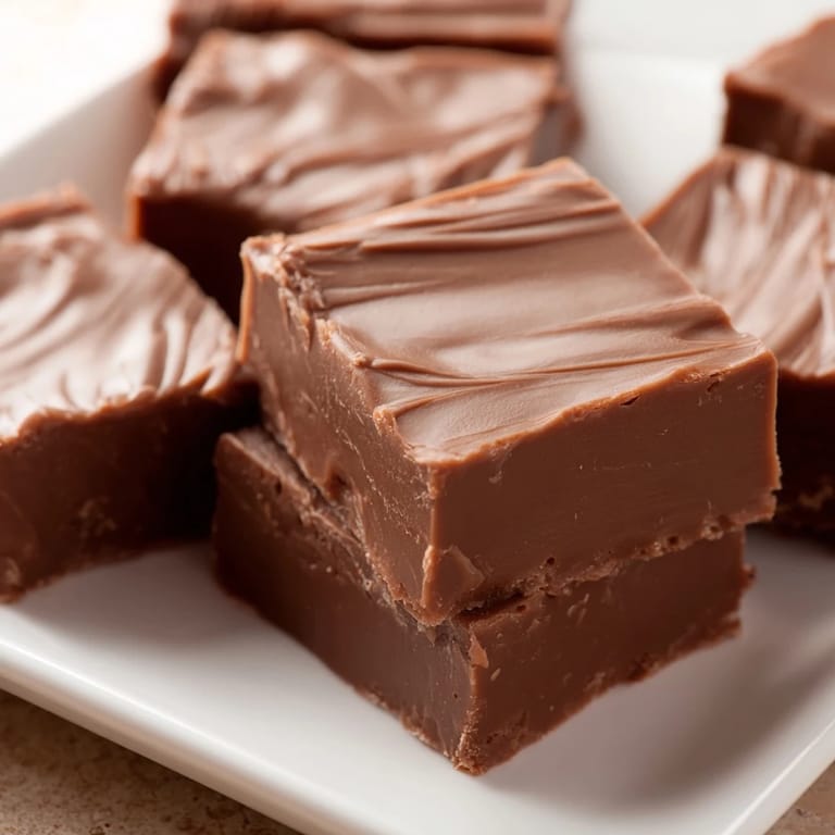 A close-up of glossy, rich chocolate fudge, showing the perfect squares and smooth texture.