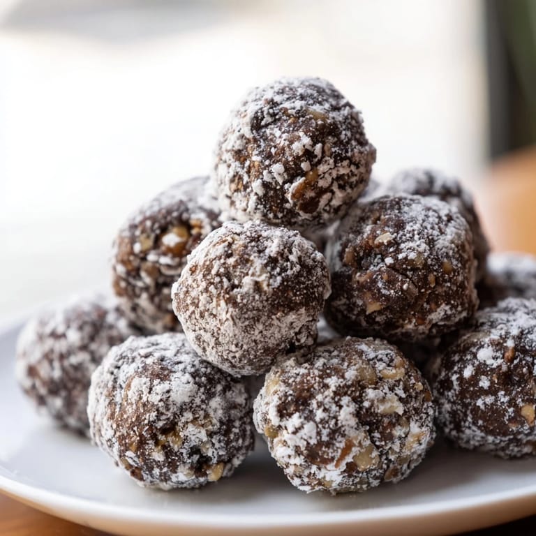 Soft, round Mud Balls with dark chocolate interiors are coated in snowy powdered sugar.