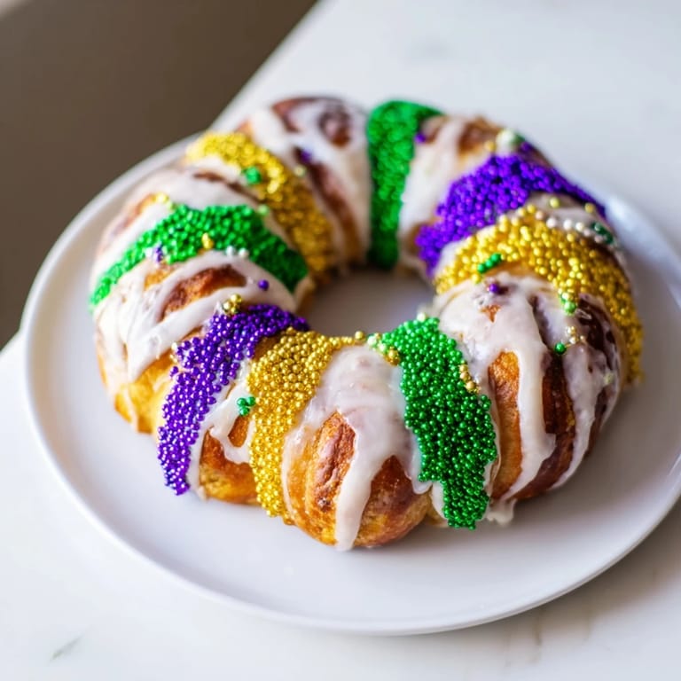 This homemade King Cake is a sweet, fluffy bread, adorned with purple, green, and gold sugars.