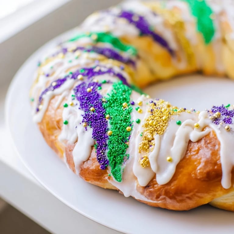 Freshly baked King Cake with a hidden plastic baby, a classic treat for a festive celebration.