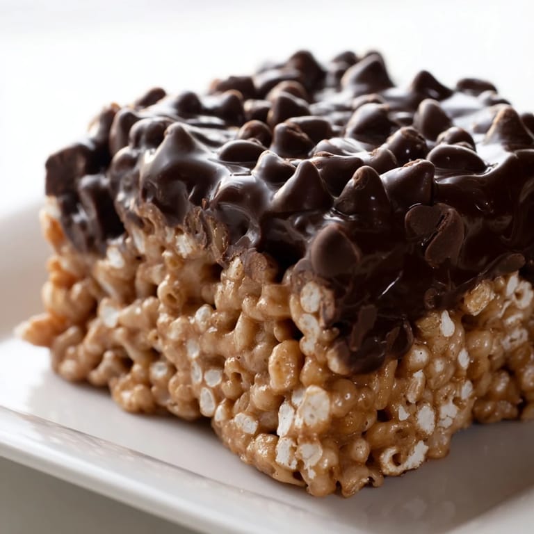 A close-up of golden brown Rice Krispie Treats, showing the crispy texture after setting for serving.