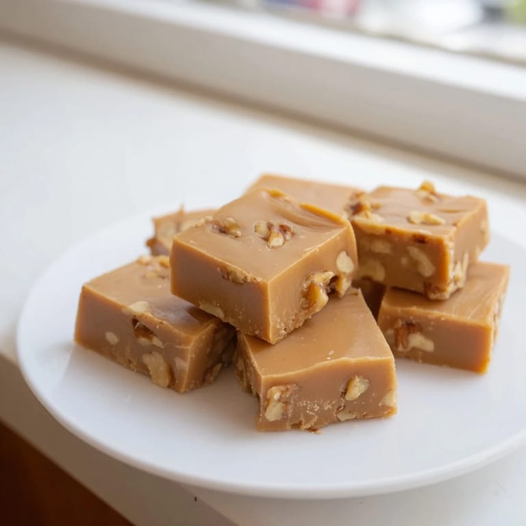Warm and inviting close-up of freshly cut Penuche Fudge, ready for holiday gifting or dessert.