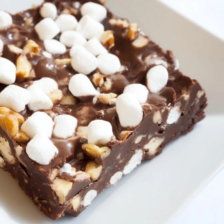Homemade Rocky Road Fudge, a rich, chocolatey treat with visible marshmallows and chopped nuts.