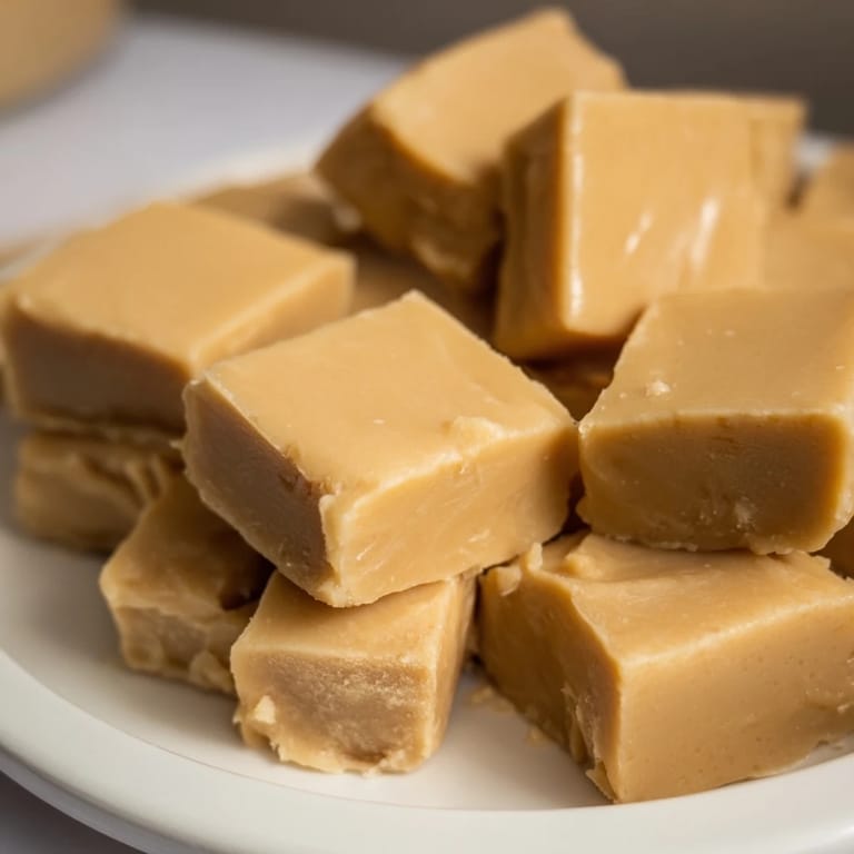 This perfect close-up shows rich, homemade peanut butter fudge with a satiny shine and tempting texture.