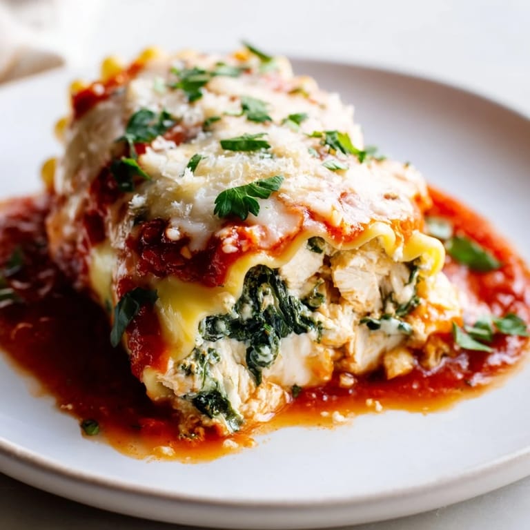 A close-up of rolled lasagna noodles filled with creamy chicken, spinach, and cheese, served alongside fresh parsley.  