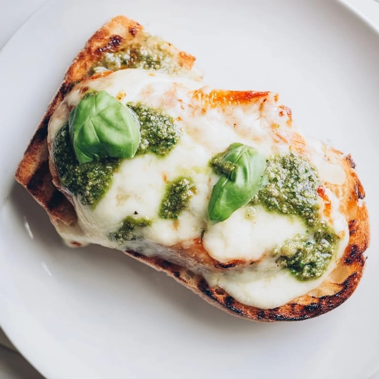 Close-up of a Pesto Chicken Melt on ciabatta, featuring golden grilled chicken and vibrant fresh tomato slices.