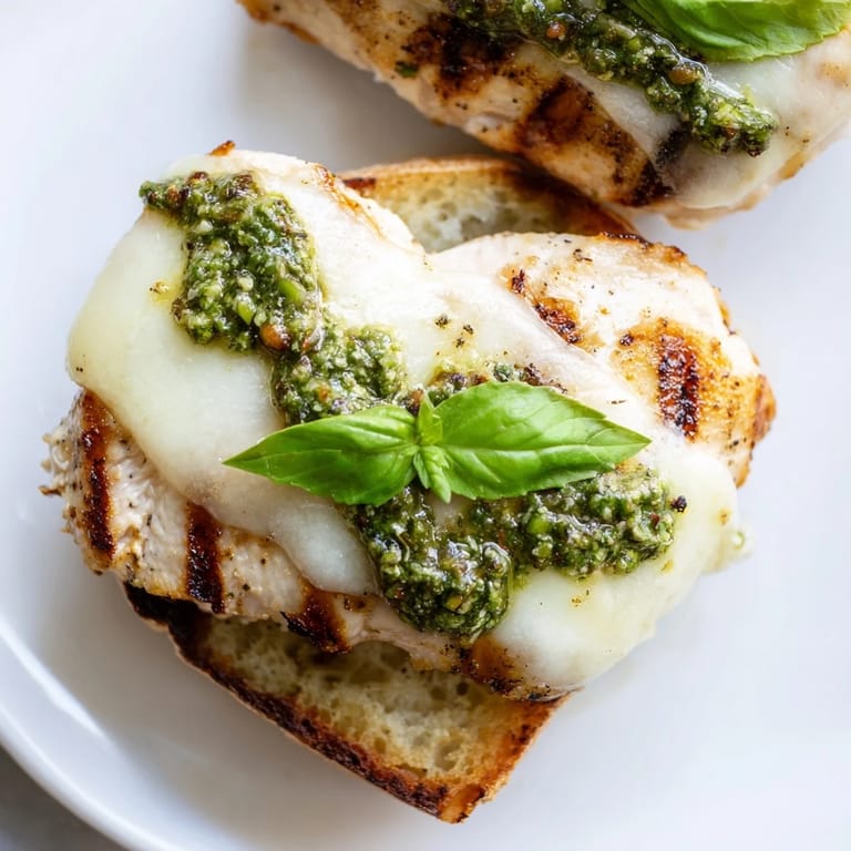 Pesto Chicken Melt sandwich with juicy chicken, gooey cheese, and fresh basil garnish on a plate.