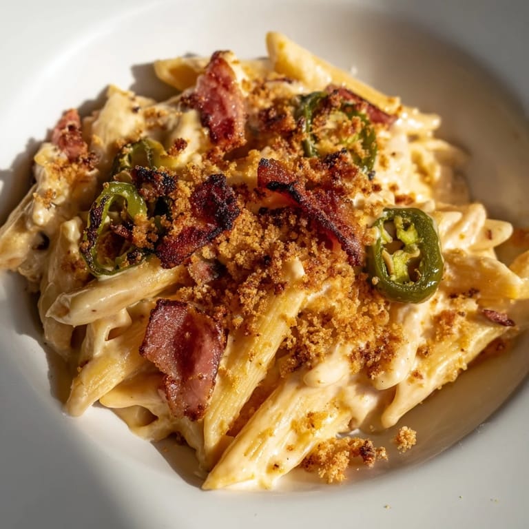 Steaming bowl of Jalapeño Popper Pasta garnished with fresh chives and toasted panko breadcrumbs, served on a rustic wooden table for a cozy meal.