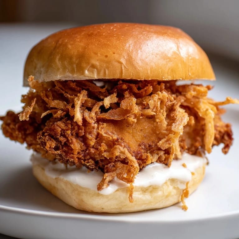 Crispy Onion Chicken Sandwich with juicy buttermilk chicken, crispy onions, and creamy garlic aioli on a soft bun.  