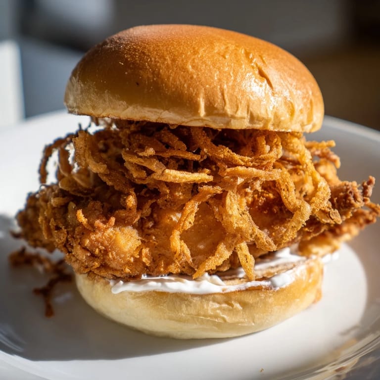 A close-up of a Crispy Onion Chicken Sandwich with golden fried chicken and crunchy onions on a brioche bun.