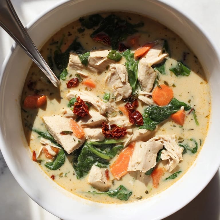 Freshly grated Parmesan and a drizzle of olive oil top this rich, Italian-inspired Creamy Tuscan Chicken Soup.