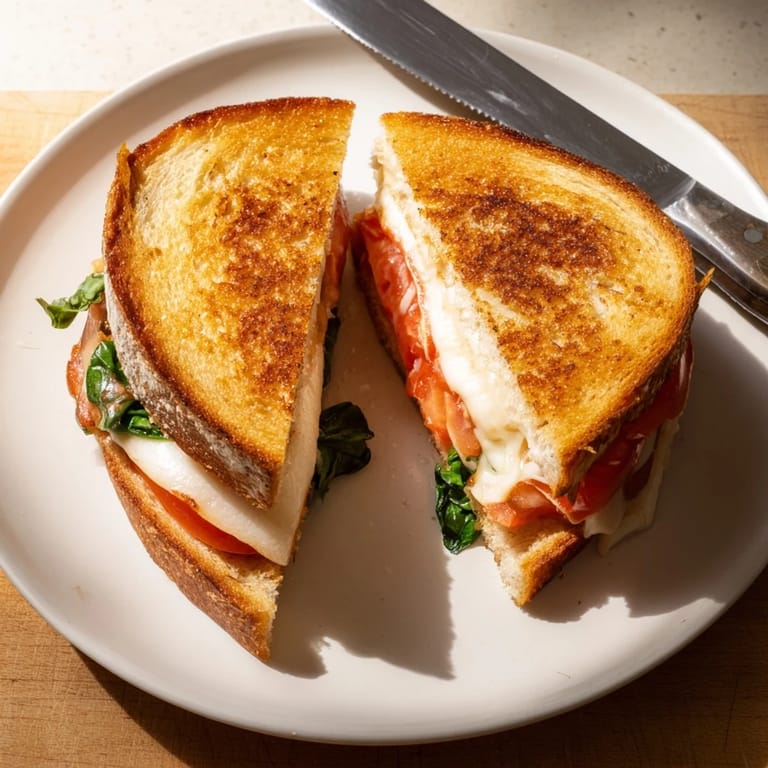 A close-up of Tomato Basil Grilled Cheese, showcasing juicy tomato slices and fresh green basil leaves.