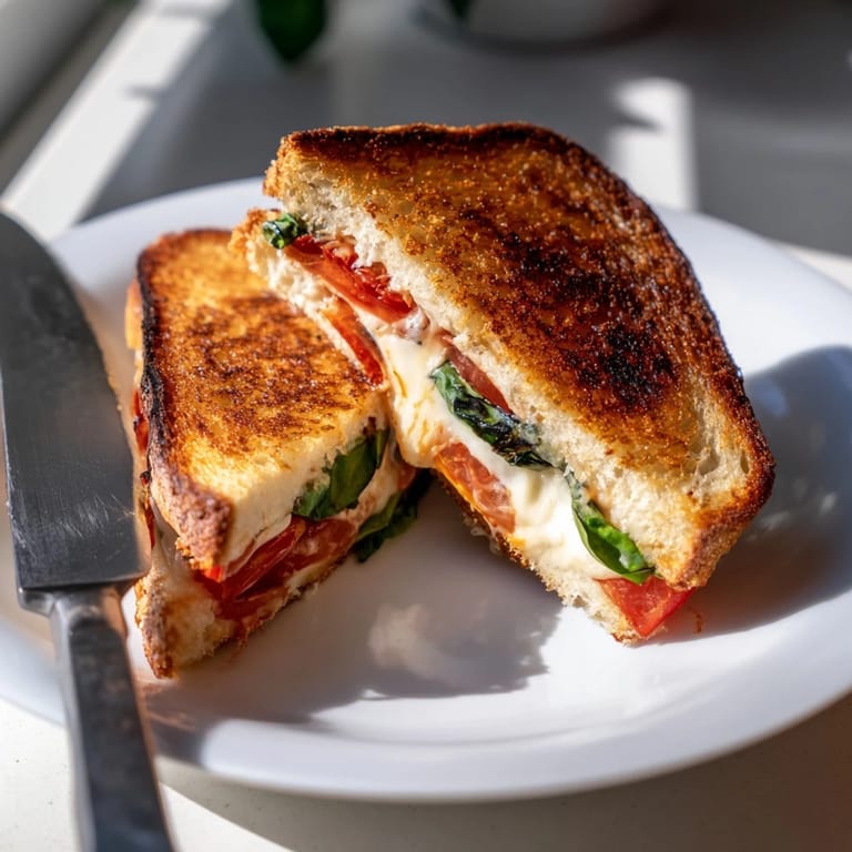 Freshly made Tomato Basil Grilled Cheese cut diagonally, revealing a warm, cheesy interior, served beside a bowl of soup.