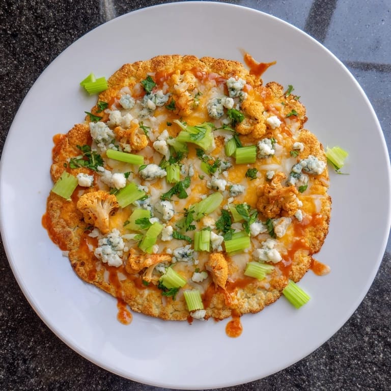 Freshly baked Buffalo Cauliflower Pizza showing a crispy golden crust, spicy red sauce, and melted cheese pull.
