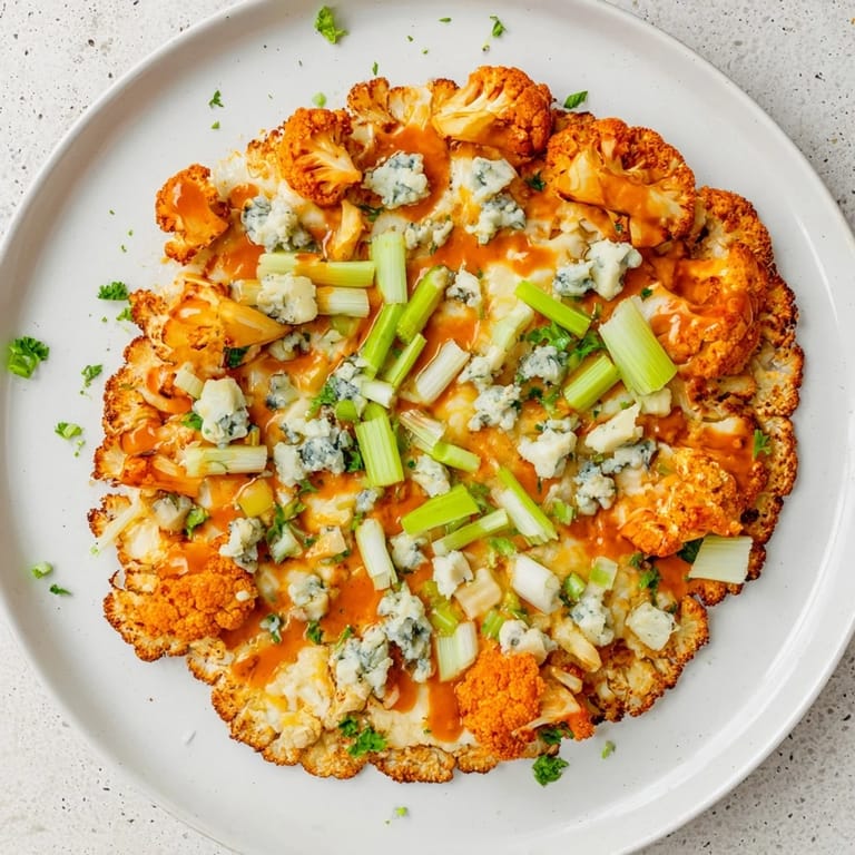 Buffalo Cauliflower Pizza served with parsley garnish, blue cheese crumbles, and extra sauce for dipping.
