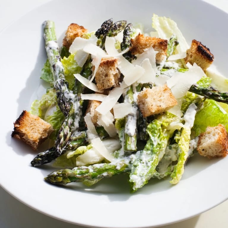 Freshly roasted asparagus Caesar salad featuring tender green spears, shaved Parmesan, and golden croutons on a bed of chopped romaine