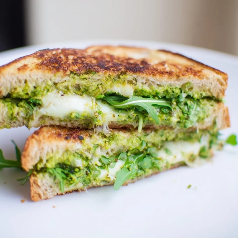 A close-up of Spring Pea Pesto Grilled Cheese, revealing gooey mozzarella and fresh pea pesto spread between buttery, toasted bread slices.