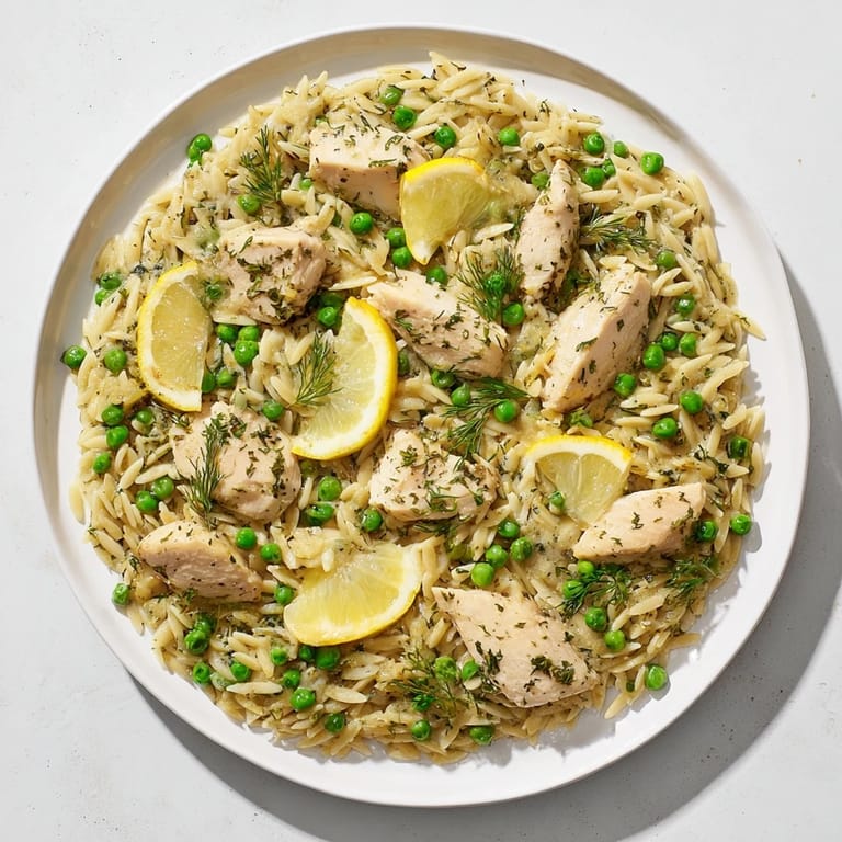 A rustic skillet holds the finished Lemon Herb Chicken Orzo Skillet, garnished with fresh parsley and dill.