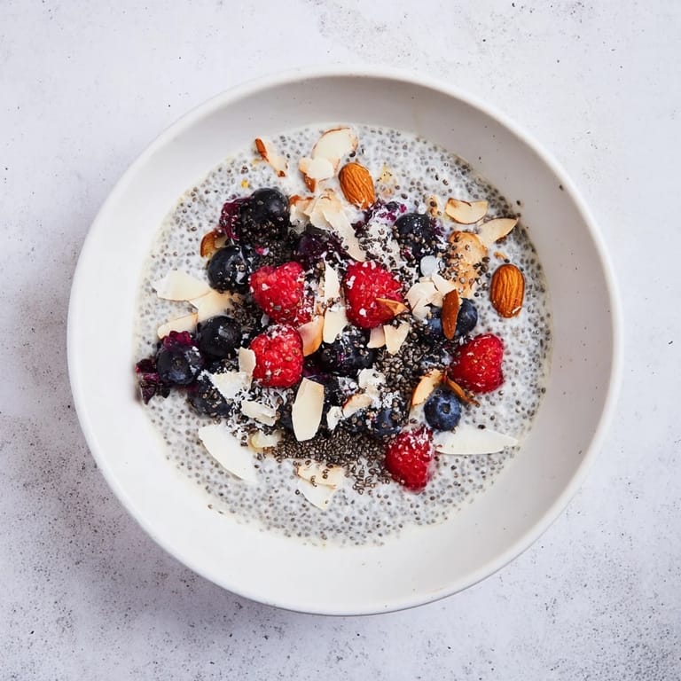 Serve chilled Poppy Seed Chia Pudding topped with fresh raspberries and shredded coconut for dessert.