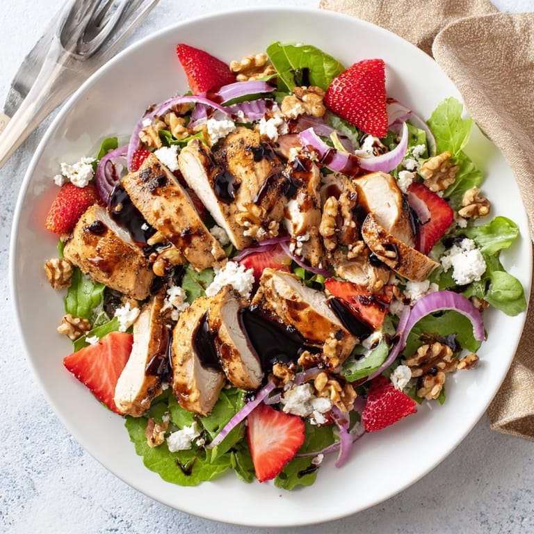 A vibrant summer bowl of Strawberry Balsamic Chicken Salad featuring sliced strawberries, crumbled feta, and toasted pecans beside a glistening balsamic drizzle.  